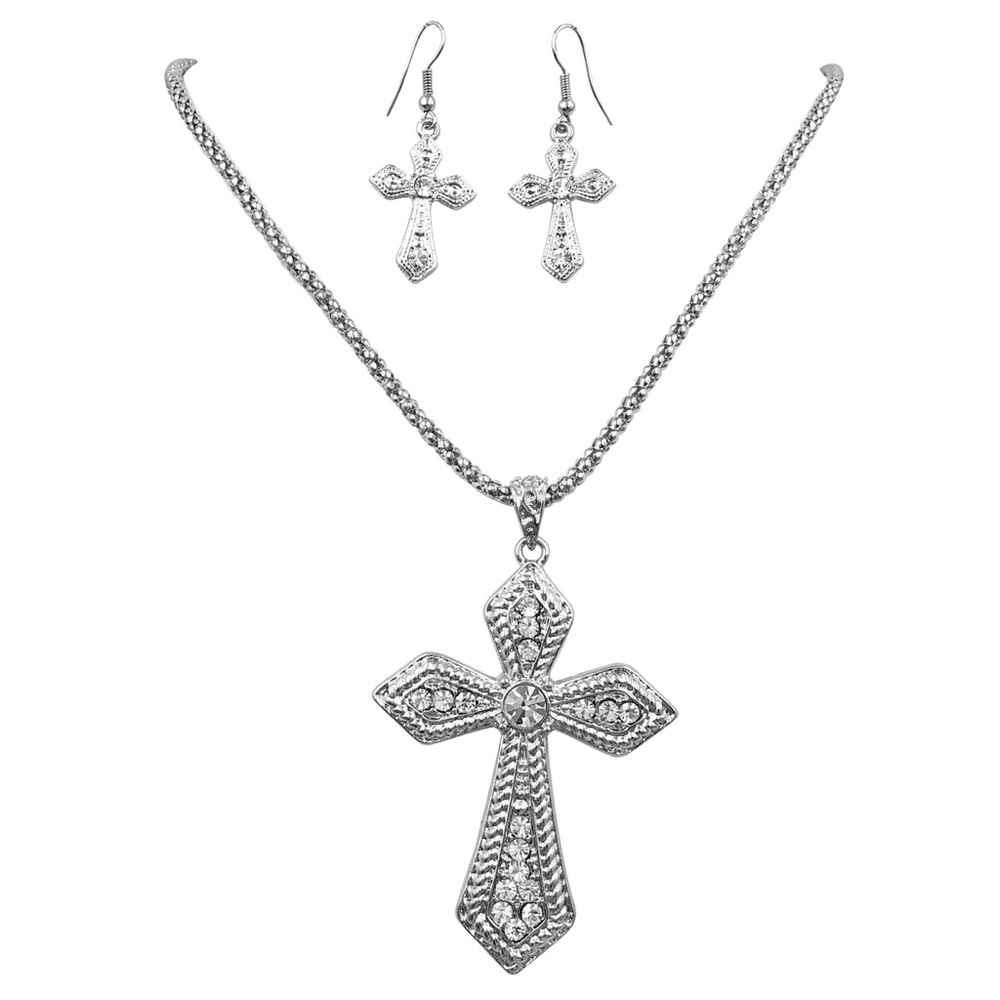 Cross Rhinestone Silver Necklace Earrings Set